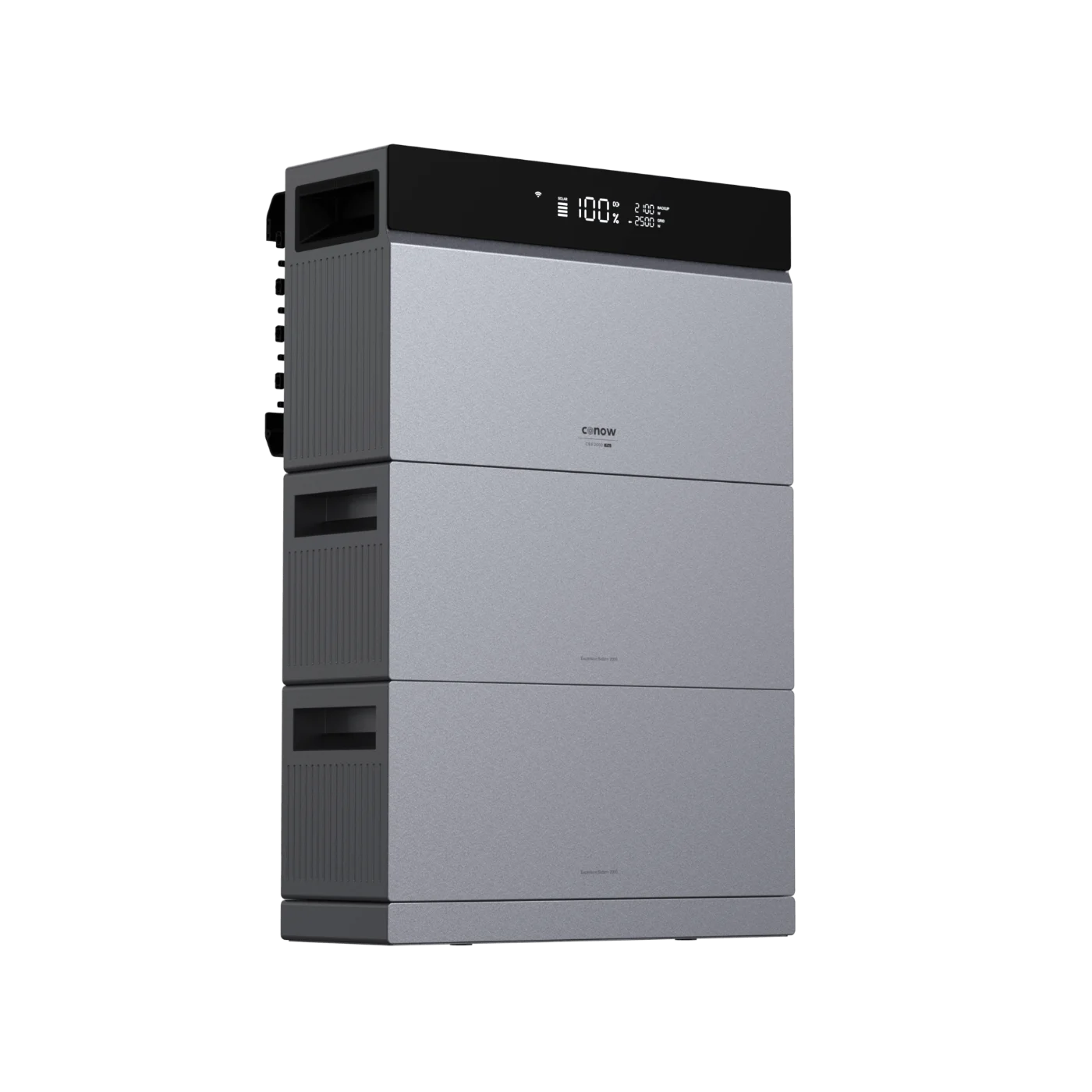 CONOW CBE 2000 Pro mit zwei 2.500Wh Erweiterungsbatterien – modulares Speichersystem von der Seite
