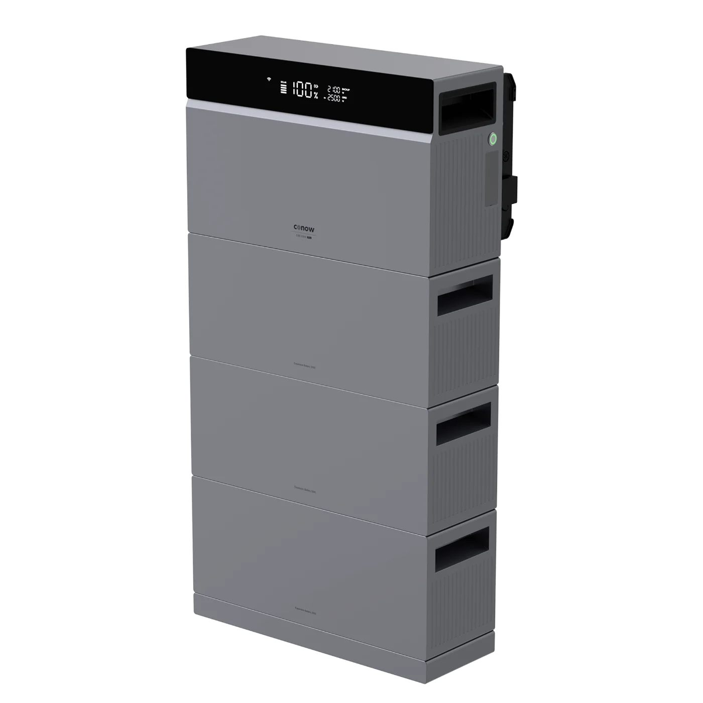 CONOW CBE 2000 Pro mit drei 2.500Wh Erweiterungsbatterien – Seitenansicht des modularen Energiespeichersystems an einer modernen Hauswand