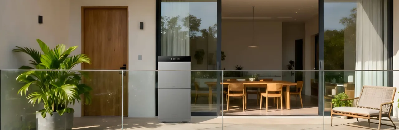 CONOW Balkon-Solaranlage – Solarspeicher am Balkon mit Blick auf grüne Umgebung